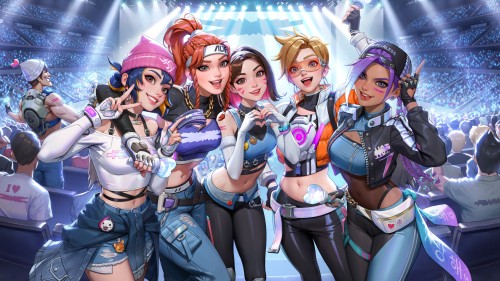 Jungmin Jin, D.Va (Overwatch), Sombra (Overwatch), belly, Junkrat (Overwatch), belly button, group of women, video game characters, tongue out, looking at viewer, smiling, peace sign, Blizzard Entertainment, drawing, Overwatch, Le Sserafim, arena, Kiriko (Overwatch), hat, lights, Tracer (Overwatch), band, K-pop, Brigitte (Overwatch), stadium, digital art, video game art | 4096x2304 Wallpaper