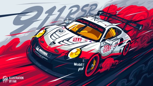 digital art, artwork, illustration, car, vehicle, Porsche, Porsche 911 RSR, race cars, smoke, car spoiler, frontal view | 2535x1425 Wallpaper